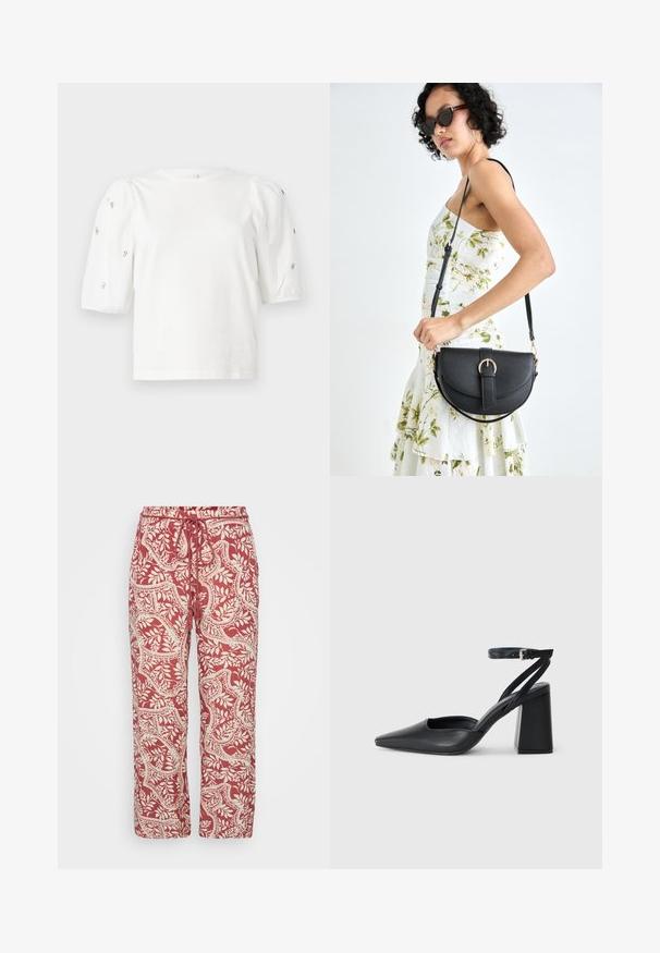 Balta medvilnės marškinėliai trumpomis pūstomis rankovėmis, papuošti mažomis sidabrinėmis detalėmis ant rankovių. Klasikinis apvalus iškirpimas, laisvas siluetas.; Raudoni ir kremiški raštuoti džinsai su elastingu juosmeniu ir reguliuojamu raiščiu. Medžiaga turi gėlių motyvą ir laisvą siluetą.; Juoda odinė smailiagalė aukštakulnio bateliai su kulkšnies dirželiu ir storu kulnu. Lygus paviršius, elegantiškas dizainas ir minimalistiška estetinė. ; Juodas odinis krepšys su išlenkta forma, nuimamu dirželiu ir auksiniais detalėmis. Krepšys turi kilpą su sagtimi.