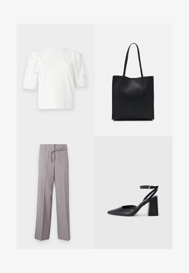White cotton t-shirt with short puff sleeves, featuring small silver embellishments along the sleeves. Classic round neckline, relaxed fit.; Light grey, wide-leg trousers with a soft texture, featuring a drawstring waistband and pressed pleats for a structured fit.; Black leather pointy-toe pump with an ankle strap and a chunky heel. Flat texture, sleek design, and minimalistic aesthetics.; Black leather tote bag with smooth texture, rectangular shape, and two long handles. No visible hardware or embellishments.