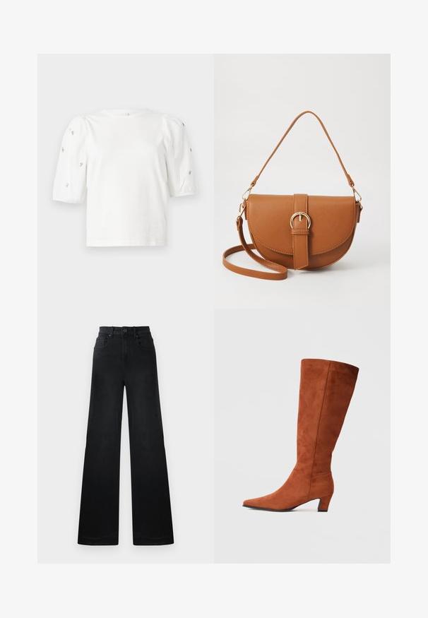Hvit bomull T-skjorte med korte pufferm, med små sølvdekorasjoner langs ermene. Klassisk rund hals, avslappet passform.; Bredde ben i svart denim med en tettsittende midje, med beltehemper, front- og baklommer, og en glatt tekstur.; Brune suédine knæhøje støvler med spids tå og en lille blokhæl, med en glat tekstur og minimalistisk design.; Brun lærcrossbody-veske med en buet form, gullhardware og et spenneakcent. Har en avtakbar skulderreim.