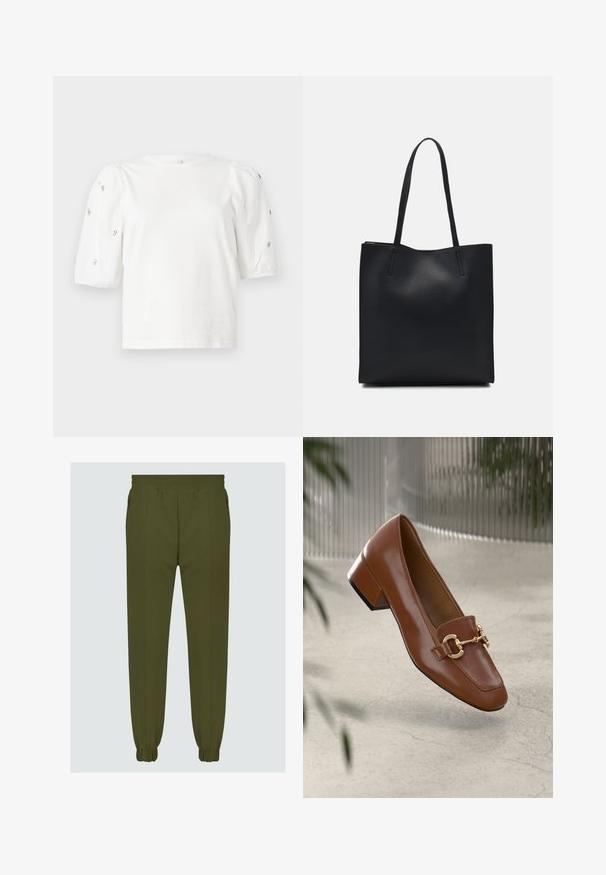 T-shirt en coton blanc à manches courtes bouffantes, avec de petites embellissements en argent le long des manches. Encolure arrondie classique, coupe décontractée.; Pantalons de jogging vert olive en tissu lisse, avec une taille élastique, des poignets fuselés et des poches latérales pour plus de fonctionnalité.; Mocassin en cuir verni marron avec un bout carré, accent de chaîne métallique et petit talon carré ; texture lisse, design minimaliste.; Sac fourre-tout en cuir noir avec une texture lisse, de forme rectangulaire et deux longues poignées. Pas de matériel ou d'ornementations visibles.