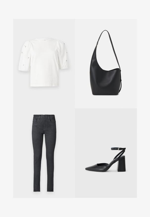 Άσπρη βαμβακερή μπλούζα με κοντά φουσκωτά μανίκια, διακοσμημένη με μικρές ασημένιες λεπτομέρειες κατά μήκος των μανικιών. Κλασική στρογγυλή λαιμόκοψη, χαλαρή εφαρμογή.; Μαύρα στενά τζιν μεσαίου ύψους, πέντε τσέπες και κλείσιμο με φερμουάρ. Λείος υφασμάτινος σχεδιασμός και κοντή εφαρμογή.; Μαύρο δερμάτινο ψηλοτάκουνο παπούτσι με οξύ μυτερό τόξο, λουράκι στον αστράγαλο και χοντρό τακούνι. Λείος υφασματισμός, κομψός σχεδιασμός και μινιμαλιστική αισθητική.; Μαύρη δερμάτινη tote τσάντα με λείο υφή, καμπύλο σχήμα και μία ρυθμιζόμενη ζώνη. Διαθέτει μεγάλη άνοιγμα στην κορυφή.