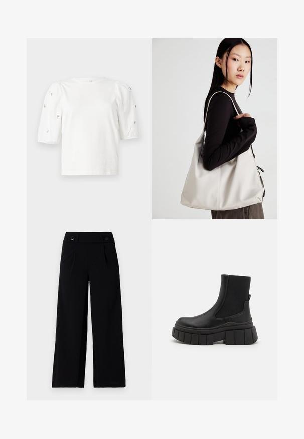 Valkoinen puuvillainen t-paita lyhyillä puffihihnoilla, joissa on pieniä hopeisia koristeita hihojen varrella. Klassinen pyöreä kaula-aukko, rento malli.; Mustat leveälahkeiset housut, joissa on tasainen etuosa, sivutaskut ja kaksi nappia vyötäröllä. Silkkinen kangas, jossa on hienovarainen kiilto.; Mustat nilkkurit, jotka on valmistettu sileästä nahasta, jossa on joustavat sivupaneelit, paksu alustakenkä ja tekstuuriura muotoilu.; Beige laukku, joka on valmistettu pehmeästä materiaalista, ja siinä on rento muotoilu, ommeltu yksityiskohtia ja kaksi olkahihnaa. Sopii päivittäiseen käyttöön.