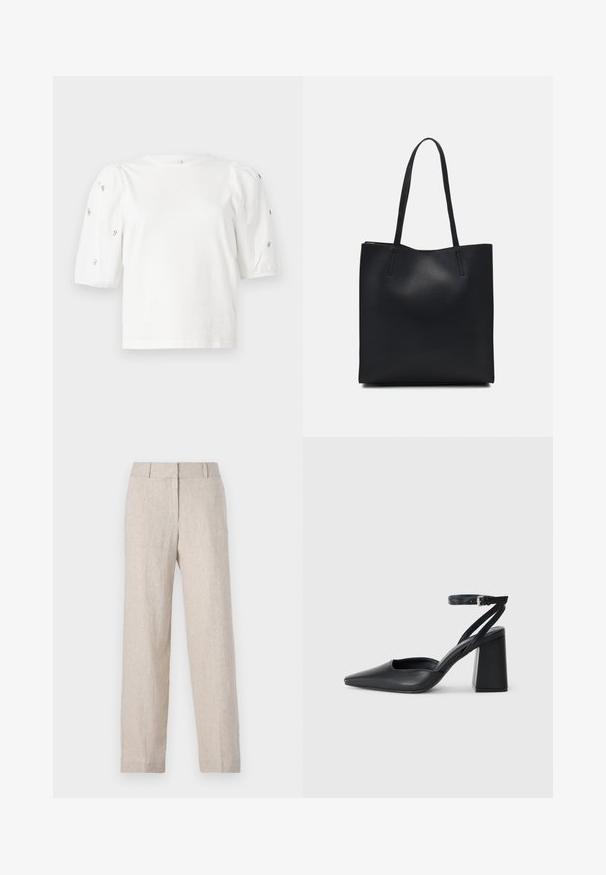 White cotton t-shirt with short puff sleeves, featuring small silver embellishments along the sleeves. Classic round neckline, relaxed fit.; Beige linen trousers with a straight leg design, high waistband, and subtle texture. No visible pockets or embellishments.; Black leather pointy-toe pump with an ankle strap and a chunky heel. Flat texture, sleek design, and minimalistic aesthetics.; Black leather tote bag with smooth texture, rectangular shape, and two long handles. No visible hardware or embellishments.