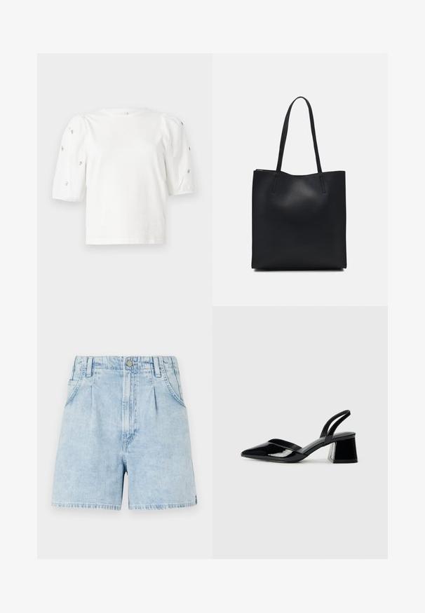 White cotton t-shirt with short puff sleeves, featuring small silver embellishments along the sleeves. Classic round neckline, relaxed fit.; Light blue denim shorts with a high waist, featuring front pleats, two side pockets, and a button closure. Soft, textured fabric.; Black patent leather slingback heels with a pointed toe and a geometric block heel. Features a sleek, minimal design and smooth texture.; Black leather tote bag with smooth texture, rectangular shape, and two long handles. No visible hardware or embellishments.
