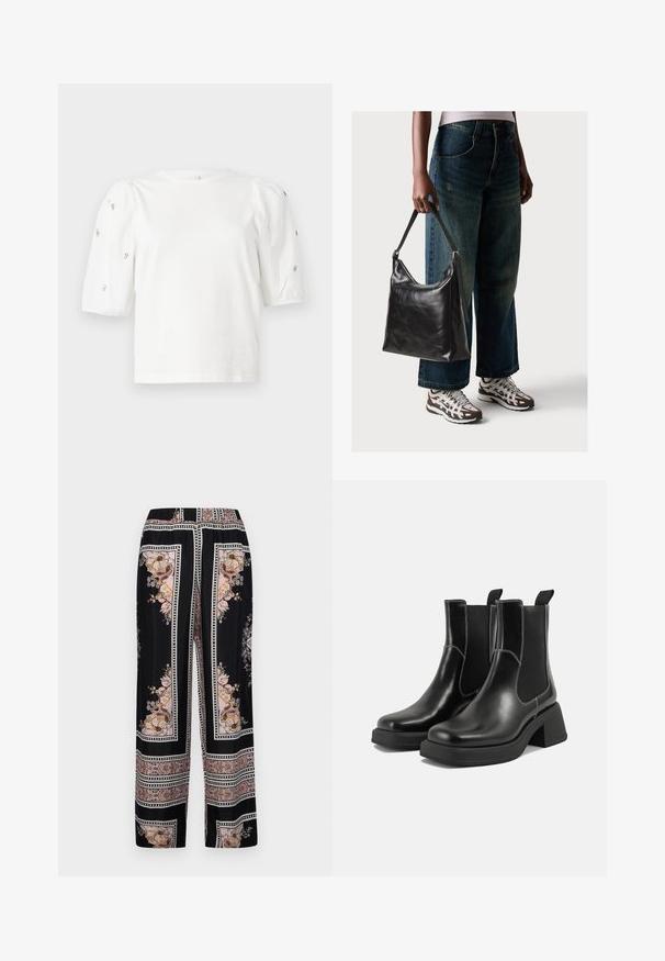 Bela bombažna majica s kratkimi rokavi s pufastimi rokavi, ki ima majhne srebrne okrase vzdolž rokavov. Klasičen okrogel izrez, sproščen kroj.; Črne široke hlače s cvetličnim in paisley vzorcem v odtenkih rožnate in zlate. Imajo vzorčast pas in mehak tekstil.; Črne usnjene Chelsea škornje s širokim petami, elastičnimi stranskimi ploščami in kontrastnim belim šivanjem. Teksturirana površina.; Črna usnjena torba za ramo z gladko teksturo in nastavljivim trakom, v kombinaciji z zbledelimi širokimi hlačami in športnimi supergami.