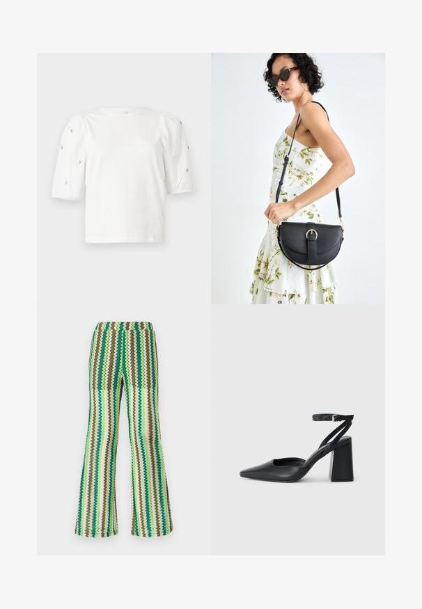 White cotton t-shirt with short puff sleeves, featuring small silver embellishments along the sleeves. Classic round neckline, relaxed fit.; Knit flared pants featuring a zigzag pattern in shades of green, brown, and cream; stretchy waistband; textured surface.; Black leather pointy-toe pump with an ankle strap and a chunky heel. Flat texture, sleek design, and minimalistic aesthetics.; Black leather handbag with a curved shape, detachable strap, and gold hardware. The bag features a flap with a buckle detail.