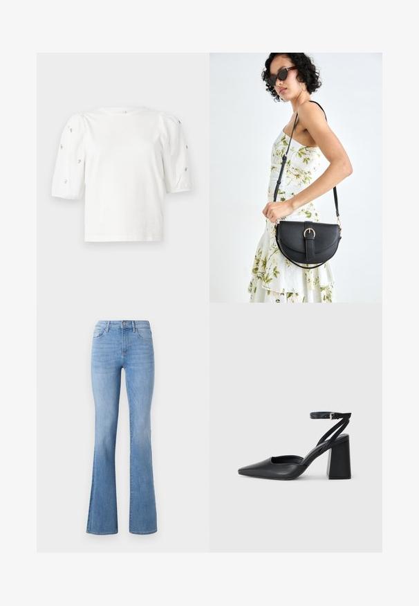 Fehér pamut póló rövid puffos ujjakkal, a ujjain kicsi ezüst díszítések találhatók. Klasszikus kerek nyakú, laza fazonú.; Világoskék harangszárú farmer, közepes derékvonallal, klasszikus öt zsebes dizájnnal és finom kopással a lábak mentén. Farmer anyag textúrája.; Fekete bőr, hegyes orrú magassarkú cipő boka pánttal és vastag sarokkal. Sima textúra, elegáns dizájn és minimális esztétika.; Fekete bőrtáska ívelt formával, levehető pánttal és arany színű fémrészekkel. A táskán egy csattal díszített fedél található.