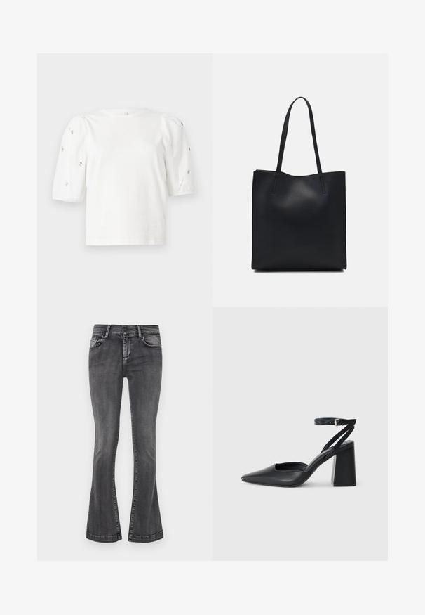Hvit bomull T-skjorte med korte pufferm, med små sølvdekorasjoner langs ermene. Klassisk rund hals, avslappet passform.; Grå slengjeans i en falmet vask, med fem lommer, beltehemper og glidelås. Denimen har en lett tekstur med sømdetaljer.; Svart lær pumps med spiss tå, ankelrem og kraftig hæl. Flat tekstur, strømlinjeformet design og minimalisme.; Svart lær tote bag med glatt tekstur, rektangulær form og to lange håndtak. Ingen synlige deler eller dekorasjoner.