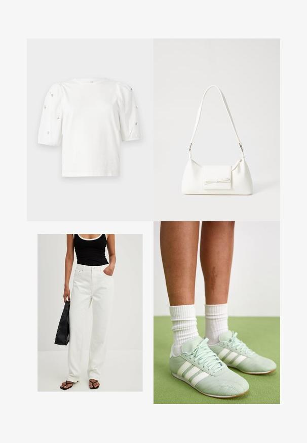 Valge puuvillane T-särk lühikeste puffkäistega, millel on väikesed hõbedased kaunistused käiste servades. Klassikaline ümmargune kaelus, vaba ja mugav lõige.; Valged laiad teksad kõrge vöökoht, esi-taskud ja vöökohad, koos musta ribadega särgiga ja musta kätetaskuga.; Minti roheline spordijalatsite paar, millel on valged triibud, siledast nahast tekstuur, ümmargune varvas ja kummist välispohjad, koos valgete ribakudumitega sokkidega.; Valge sünteetilisest materjalist kott kolmnurkse kujuga, lame esiklapiga ja kaaredetailiga, reguleeritava rihmaga, sileda tekstuuriga ja minimalistliku disainiga.