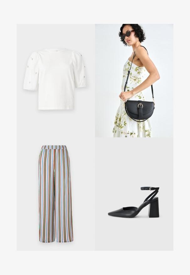 T-shirt en coton blanc à manches courtes bouffantes, avec de petites embellissements en argent le long des manches. Encolure arrondie classique, coupe décontractée.; Pantalons larges à rayures avec une taille élastique. Comprend des rayures verticales colorées en bleu, rouge, vert et blanc sur un tissu léger.; Escarpin noir en cuir à bout pointu avec une bride de cheville et un talon épais. Texture lisse, design élégant et esthétique minimaliste.; Sac à main en cuir noir avec une forme courbée, bandoulière amovible et des accessoires en or. Le sac est doté d'un rabat avec un détail de boucle.