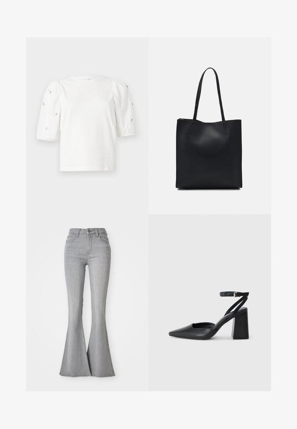 Balta kokvilnas t-kreklu ar īsām puff piedurknēm, ar nelieliem sudraba rotājumiem gar piedurknēm. Klasisks apaļš izgriezums, brīvā piegriezuma.; Augstas jostas gaiši pelēki džinsi ar izplešamu kāju, priekšējo pogu, rāvējslēdzēju un priekšējām un aizmugurējām kabatām.; Melna ādas augstpapēžu kurpe ar norakstīto purngala formu, potītes siksniņu un masīlu papēdi. Gluda tekstūra, elegants dizains un minimālisma estētika.; Melnas ādas somiņa ar gludu tekstūru, taisnstūra formu un divām garām rokturiem. Nav redzamu aparatūras vai rotājumu.