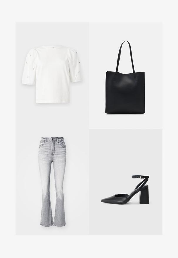 Fehér pamut póló rövid puffos ujjakkal, a ujjain kicsi ezüst díszítések találhatók. Klasszikus kerek nyakú, laza fazonú.; Lee BREESE - Nadrágok - heavy ice; Fekete bőr, hegyes orrú magassarkú cipő boka pánttal és vastag sarokkal. Sima textúra, elegáns dizájn és minimális esztétika.; Fekete bőrtáska sima felszínnel, téglalap alakú, két hosszú füllel. Nincs látható fémkiegészítő vagy díszítés.