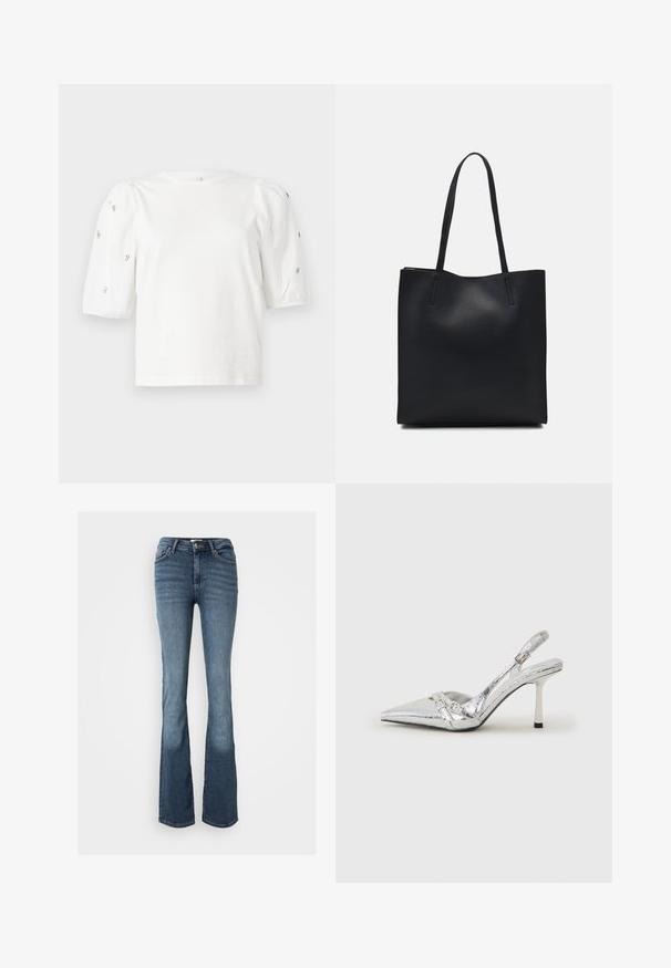 Valge puuvillane T-särk lühikeste puffkäistega, millel on väikesed hõbedased kaunistused käiste servades. Klassikaline ümmargune kaelus, vaba ja mugav lõige.; Sinine denimist valmistatud bootcut teksad. Omavad keskmise kõrgusega vööd, viit taskut, tagasihoidlikku tikandit ja kerget kulumismustrit jalgadel.; Hõbedased slingback kõrged kontsad terava ninaga, metalne viimistlus, kaks dekoratiivset rihma ja sihvakad kontsad musta otsaga.; Mustast nahast kott sujuva tekstuuriga, ristkülikukujuline ja kahe pika sangaga. Pole nähtavat riistvara ega kaunistusi.