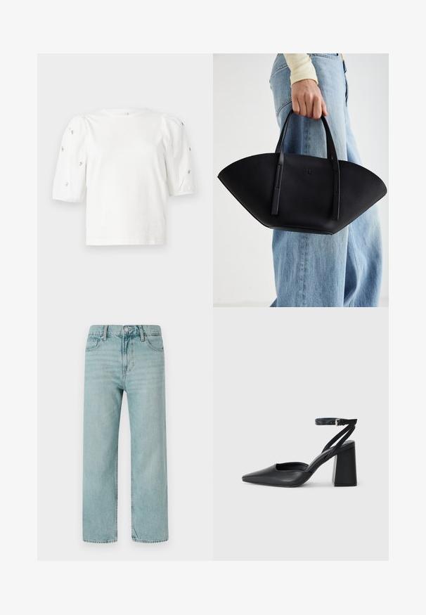 Valkoinen puuvillainen t-paita lyhyillä puffihihnoilla, joissa on pieniä hopeisia koristeita hihojen varrella. Klassinen pyöreä kaula-aukko, rento malli.; Vaaleansiniset leveälahkeiset farkut, joissa on klassinen viisi-taskuinen muotoilu, puhtaat linjat sekä normaali vyötärö napp closurella.; Mustat nahkakengät, joissa on kapea kärki, nilkkaremmi ja paksu korko. Tasainen pinta, tyylikäs muotoilu ja minimalistinen estetiikka.; Musta nahkainen käsilaukku, jossa on ainutlaatuinen tuulihattukuvio, jossa on litteät kahvat. Pinnassa on karkeapintainen rakenne ja minimalistinen muotoilu.