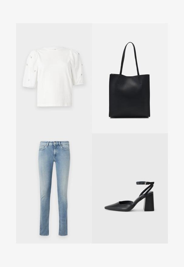 Bijela pamučna majica s kratkim puf rukavima, s malim srebrnim ukrasima duž rukava. Klasičan okrugli izrez, opušteni kroj.; Svijetloplave denim uske traperice s visokim strukom, dizajnom od pet džepova i suptilnim izbljeđenjem kroz tkaninu.; Crne kožne cipele s špicastim vrhom, remenom oko gležnja i debelim potplatom. Ravna tekstura, elegantan dizajn i minimalistička estetika.; Crna kožna torba za nošenje s glatkom teksturom, pravokutnim oblikom i dvije duge ručke. Nema vidljivih metalnih dijelova ili ukrasa.