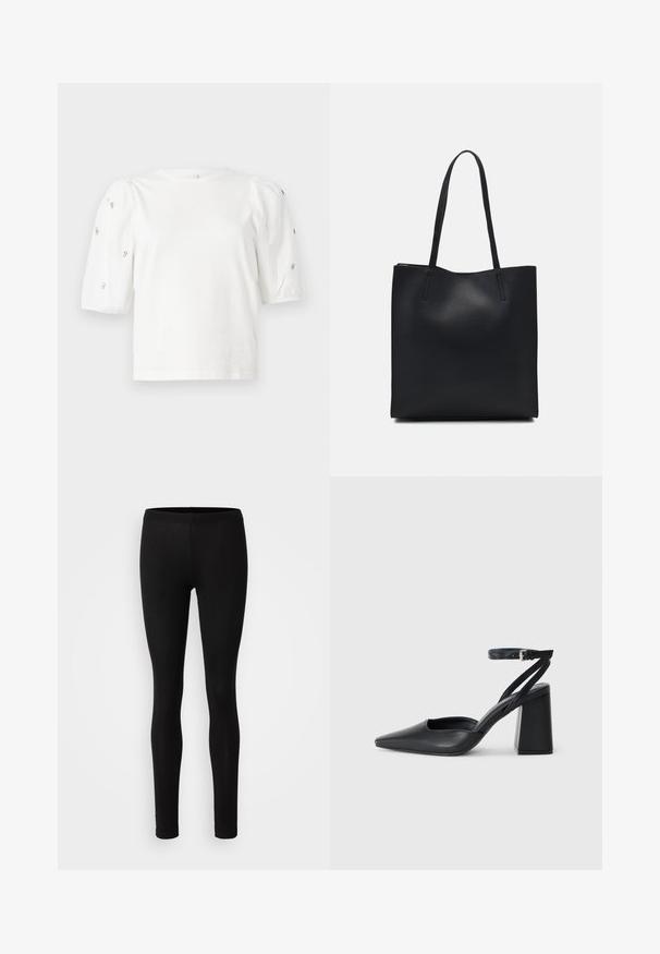 Hvit bomull T-skjorte med korte pufferm, med små sølvdekorasjoner langs ermene. Klassisk rund hals, avslappet passform.; Svarte tights laget av et mykt, elastisk stoff. De har en slim fit med elastisk liv og en glatt, matt tekstur.; Svart lær pumps med spiss tå, ankelrem og kraftig hæl. Flat tekstur, strømlinjeformet design og minimalisme.; Svart lær tote bag med glatt tekstur, rektangulær form og to lange håndtak. Ingen synlige deler eller dekorasjoner.