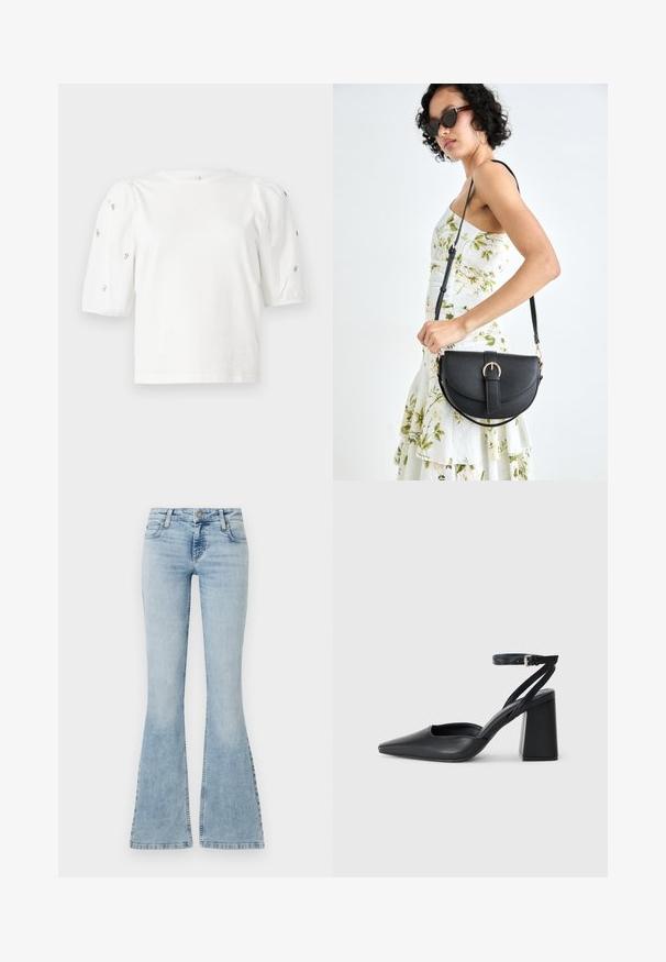 Valge puuvillane T-särk lühikeste puffkäistega, millel on väikesed hõbedased kaunistused käiste servades. Klassikaline ümmargune kaelus, vaba ja mugav lõige.; Heled sinised flared teksad keskmise kõrgusega vöökohaga, viie taskuga ja õmblustega detailidega, millel on metallist nööpide sulgemine.; Mustmustest must-käigukingad, millel on konksuga nöör ja paks konts. Ühtlane tekstuur, stiilne disain ja minimalistlik esteetika.; Mustmust mustraha kõverate joontega, eemaldatava rihmaga ja kuldsete detailidega. Kotil on klapp, millel on pandladetail.