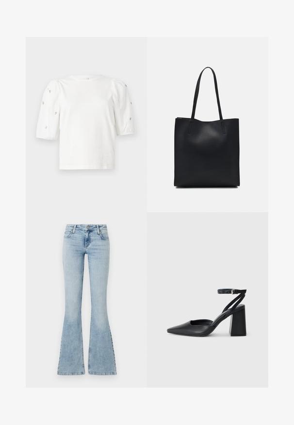 Biela bavlnená tričko s krátkymi volánovými rukávmi, zdobené malými striebornými ozdobami pozdĺž rukávov. Klasický okrúhly výstrih, voľný strih.; Svetlomodré denimové nohavice s rozšírenými nohavicami, stredne vysokým pásom, piatimi vreckami a vyšitými detailmi pozdĺž švov, s kovovým zapínaním na gombík.; Čierne kožené lodičky s špicatou špičkou a členkovým remienkom, s masívnym podpätkom. Hladký povrch, elegantný dizajn a minimalistická estetika.; Čierna kožená taška na rameno s hladkým povrchom, obdĺžnikovým tvarom a dvoma dlhými uchami. Bez viditeľného kovania alebo ozdôb.