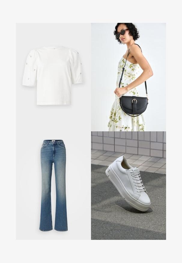 Balta medvilnės marškinėliai trumpomis pūstomis rankovėmis, papuošti mažomis sidabrinėmis detalėmis ant rankovių. Klasikinis apvalus iškirpimas, laisvas siluetas.; Šviesiai mėlynos džinsinės kelnės su plataus silueto, aukštas liemuo ir penkios kišenės. Audinys turi lygų paviršių ir išblukusį apdailos efektą nuo viršaus iki apačios.; Balti odiniai sportbačiai su žemu dizainu, plokščiais raišteliais, apvaliu pirštu ir tekstūruotomis šoninėmis dalimis. Storas guminis padas su subtiliais akcentais.; Juodas odinis krepšys su išlenkta forma, nuimamu dirželiu ir auksiniais detalėmis. Krepšys turi kilpą su sagtimi.