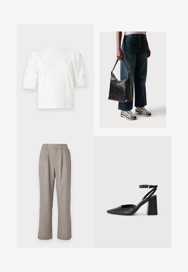 Bela bombažna majica s kratkimi rokavi s pufastimi rokavi, ki ima majhne srebrne okrase vzdolž rokavov. Klasičen okrogel izrez, sproščen kroj.; Karirane visokorasle hlače v bež in črni barvi, s sproščenim krojem, naborki in stranskimi žepi. Gladka tekstura in široki nogi.; Črne usnjene klasične čevlje z ostrim nosom, z zaponko za gleženj in debelim peto. Ravna tekstura, eleganten dizajn in minimalistična estetika.; Črna usnjena torba za ramo z gladko teksturo in nastavljivim trakom, v kombinaciji z zbledelimi širokimi hlačami in športnimi supergami.