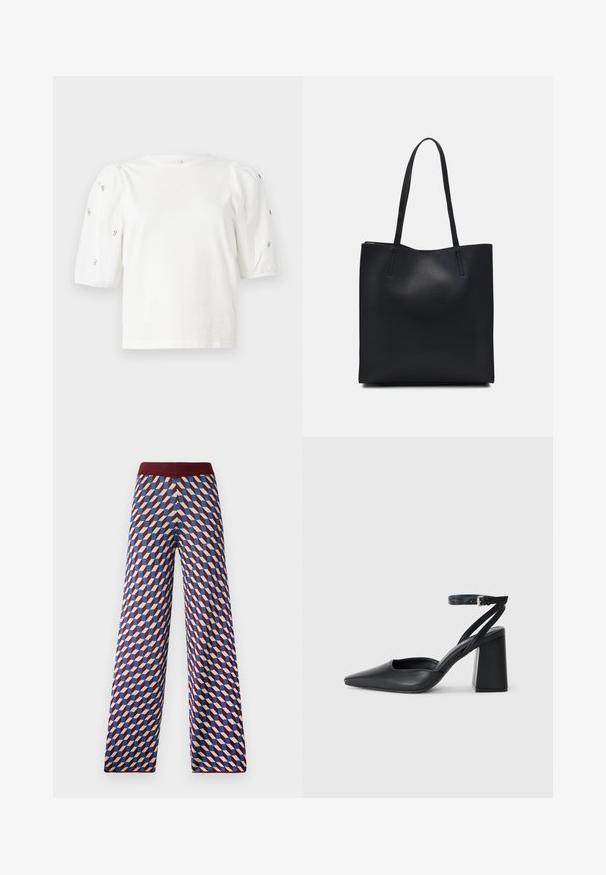 Balta medvilnės marškinėliai trumpomis pūstomis rankovėmis, papuošti mažomis sidabrinėmis detalėmis ant rankovių. Klasikinis apvalus iškirpimas, laisvas siluetas.; Raštuoti plačiakelniai kelnių su burgundišku juosmeniu, turintys geometrinį raštą raudonos, mėlynos ir grietinėlės spalvomis, audinys su tekstūra.; Juoda odinė smailiagalė aukštakulnio bateliai su kulkšnies dirželiu ir storu kulnu. Lygus paviršius, elegantiškas dizainas ir minimalistiška estetinė. ; Juodas odinis tote krepšys su lygia tekstūra, stačiakampio formos ir dviem ilgais rankenomis. Matomų metalinių detalių ar puošybos nėra.