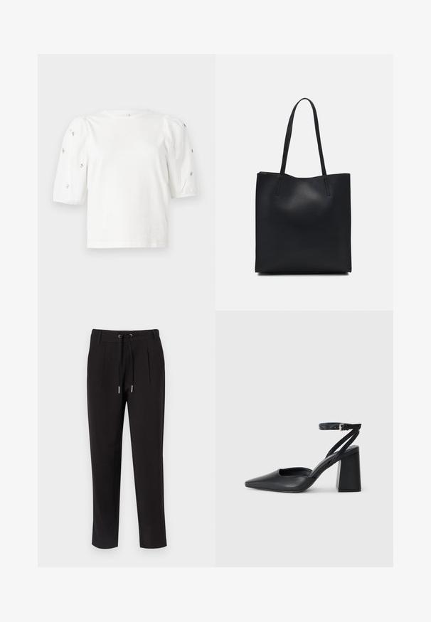 White cotton t-shirt with short puff sleeves, featuring small silver embellishments along the sleeves. Classic round neckline, relaxed fit.; Black pants made of a soft material, featuring a drawstring waist, pleated front, and tapered legs, with a smooth textured finish.; Black leather pointy-toe pump with an ankle strap and a chunky heel. Flat texture, sleek design, and minimalistic aesthetics.; Black leather tote bag with smooth texture, rectangular shape, and two long handles. No visible hardware or embellishments.