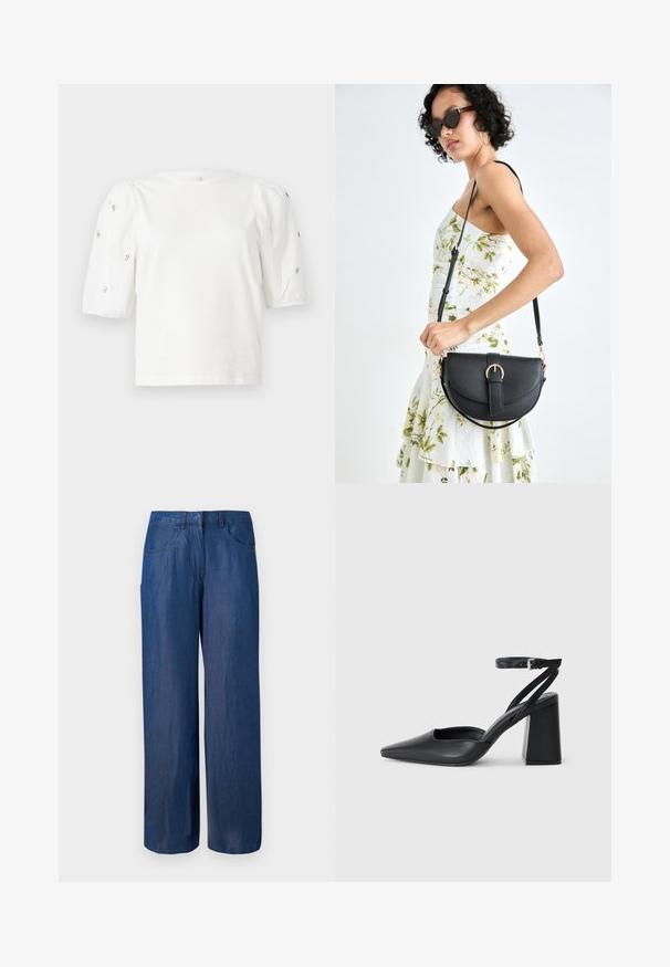 Valkoinen puuvillainen t-paita lyhyillä puffihihnoilla, joissa on pieniä hopeisia koristeita hihojen varrella. Klassinen pyöreä kaula-aukko, rento malli.; Valkoiset farkut leveällä lahkeella tummansinisinä. Valmistettu puuvillasta, jossa on sileä rakenne. Varustettu kahdella etutaskulla ja napituskiinnityksellä vyötäröllä.; Mustat nahkakengät, joissa on kapea kärki, nilkkaremmi ja paksu korko. Tasainen pinta, tyylikäs muotoilu ja minimalistinen estetiikka.; Musta nahkainen käsilaukku, joka on kaareva muotoilultaan, irrotettavalla hihnalla ja kultaisilla yksityiskohdilla. Laukussa on läppä, jossa on solk yksityiskohta.