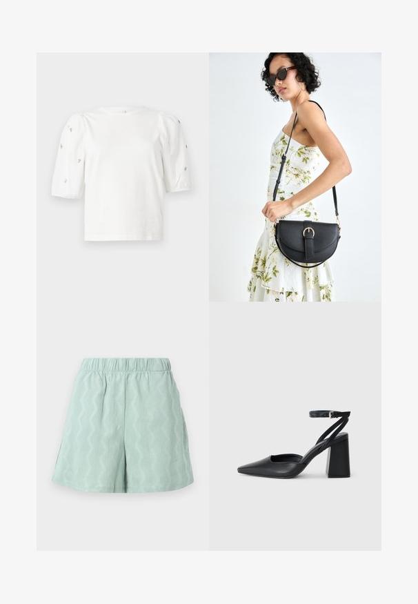 White cotton t-shirt with short puff sleeves, featuring small silver embellishments along the sleeves. Classic round neckline, relaxed fit.; Light green, textured shorts with an elastic waistband and zigzag pattern. Features side slits for added comfort and airflow.; Black leather pointy-toe pump with an ankle strap and a chunky heel. Flat texture, sleek design, and minimalistic aesthetics.; Black leather handbag with a curved shape, detachable strap, and gold hardware. The bag features a flap with a buckle detail.