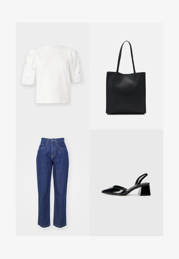 Balta kokvilnas t-kreklu ar īsām puff piedurknēm, ar nelieliem sudraba rotājumiem gar piedurknēm. Klasisks apaļš izgriezums, brīvā piegriezuma.; Tumši zili džinsi ar augstu jostasvietu, taisnu kāju, piecām kabatām un kontrastējošām šuvēm. Klasisks dizains ar gludu tekstūru.; Melna lakota āda ar atvērto papēdi, ar smailu purngalu un ģeometrisku blokpapēdi. Iezīmējas elegants, minimāls dizains un gluda tekstūra.; Melnas ādas somiņa ar gludu tekstūru, taisnstūra formu un divām garām rokturiem. Nav redzamu aparatūras vai rotājumu.