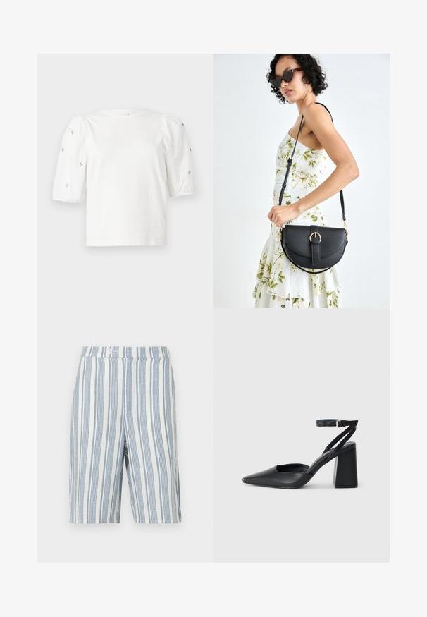 Hvit bomull T-skjorte med korte pufferm, med små sølvdekorasjoner langs ermene. Klassisk rund hals, avslappet passform.; Linstoffshorts med vertikale blå og hvite striper, vanlig midje med knappelukking, og to sidelommer.; Svart lær pumps med spiss tå, ankelrem og kraftig hæl. Flat tekstur, strømlinjeformet design og minimalisme.; Svart lærveske med en buet form, avtagbar stropp og gullbeslag. Vesken har et klaff med spenne-detall.