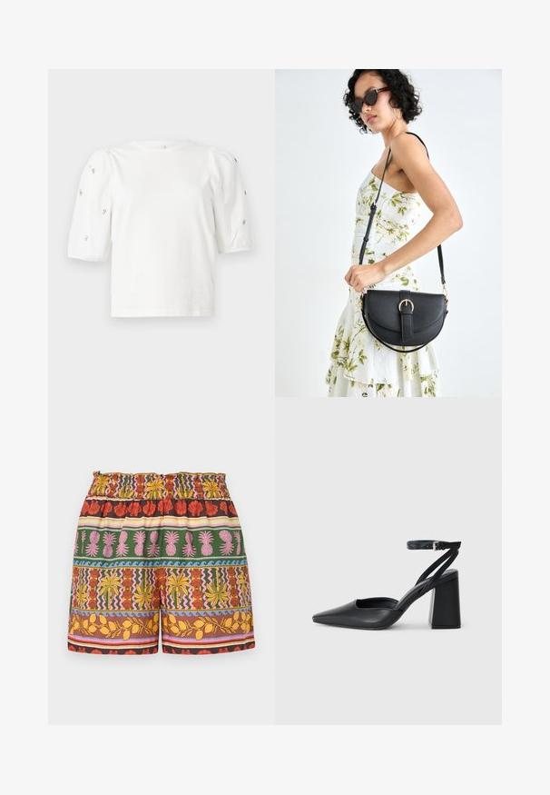 Bela bombažna majica s kratkimi rokavi s pufastimi rokavi, ki ima majhne srebrne okrase vzdolž rokavov. Klasičen okrogel izrez, sproščen kroj.; Šortki z več vzorci, ki vključujejo mešanico svetlih barv, vključno z rdečo, rumeno, zeleno in roza, z elastičnim pasom in različnimi tropskimi motivi.; Črne usnjene klasične čevlje z ostrim nosom, z zaponko za gleženj in debelim peto. Ravna tekstura, eleganten dizajn in minimalistična estetika.; Črna usnjena torbica s ukrivljeno obliko, z odstranljivo naramnico in zlatimi dodatki. Torbica ima pokrov s podrobnostmi v obliki zaponke.