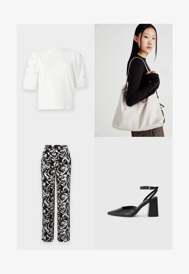 Fehér pamut póló rövid puffos ujjakkal, a ujjain kicsi ezüst díszítések találhatók. Klasszikus kerek nyakú, laza fazonú.; Fekete-fehér mintás nadrág magas derekú, örvénylő absztrakt mintázattal és egyenes szabású lábakkal. Sima szövettextúra.; Fekete bőr, hegyes orrú magassarkú cipő boka pánttal és vastag sarokkal. Sima textúra, elegáns dizájn és minimális esztétika.; Puha anyagból készült bézs kézitáska, laza dizájnnal, varrott részletekkel és két vállpánttal. Mindennapi használatra alkalmas.