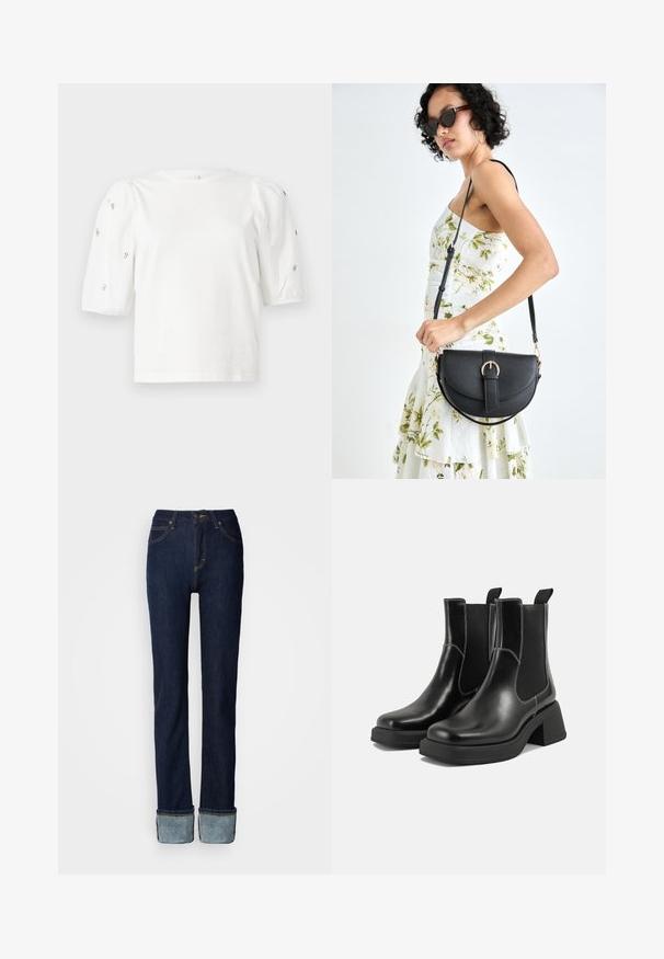 White cotton t-shirt with short puff sleeves, featuring small silver embellishments along the sleeves. Classic round neckline, relaxed fit.; Dark blue denim jeans with a straight leg design, featuring a rolled cuff and contrasting stitching. Mid-rise waist with a classic button closure.; Black leather Chelsea boots with a chunky heel, elastic side panels, and contrasting white stitching. Textured finish.; Black leather handbag with a curved shape, detachable strap, and gold hardware. The bag features a flap with a buckle detail.