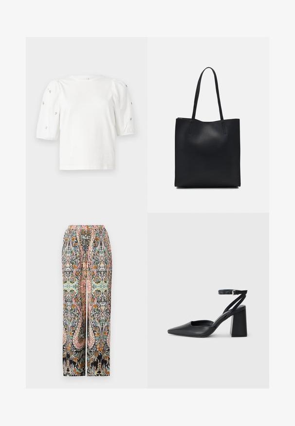 Camiseta de algodón blanca con mangas cortas tipo globo, que presenta pequeños adornos plateados en las mangas. Cuello redondo clásico, corte holgado.; Pantalones de pierna ancha con un colorido patrón de paisley floral sobre un fondo negro, con cintura elástica y un ajuste relajado.; Zapato de tacón puntiagudo de cuero negro con tira en el tobillo y tacón ancho. Textura plana, diseño elegante y estética minimalista.; Bolso tote de cuero negro con textura lisa, forma rectangular y dos asas largas. Sin herrajes ni adornos visibles.