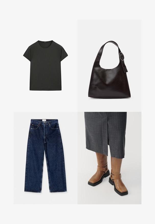 Zwarte T-shirt met korte mouwen van zachte stof, voorzien van een ronde halslijn en een relaxte pasvorm, met schone, eenvoudige lijnen en zonder patronen.; Donkerblauwe denim wijde broek met hoge taille, voorzakken en een gladde textuur met subtiele stikselaccenten.; Bruine leren kniehoge laarzen met een vierkante neus, zwarte rubberen zool en verstelbare gespsluiting. Draagt bij een grijze streeprok.; Bruine lederen schoudertas met een gladde textuur, ronde vorm, brede strap en een cirkelvormig metallic accent op de handgreep.