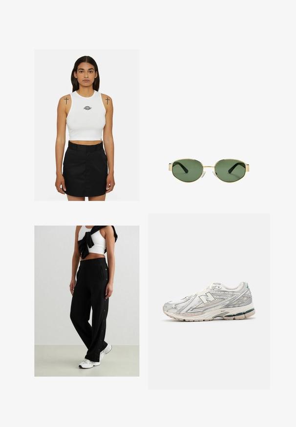 White cropped tank top with a round neckline featuring a black logo. Paired with a high-waisted black skirt. Simple and fitted design.; Black jogging pants with side snap buttons, elastic waistband, and two side pockets. Fabric appears soft with a smooth texture.; Running shoe features a silver and white mesh upper with a green accent. The sole is chunky and textured, designed for cushioning and support.; Gold metal-framed sunglasses with green tinted lenses, oval shape, black temples, and clear nose pads. Clean, minimalist design.
