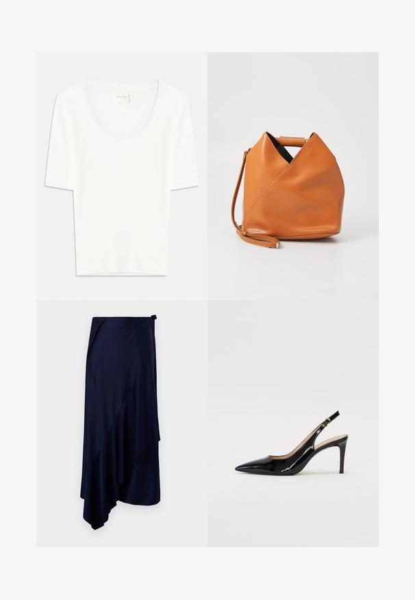 Fehér, rövid ujjú póló lekerekített nyakkivágással. Puha pamutszövetből készült, laza szabású és minimális dizájnnal rendelkezik.; Rabanne Ceruzaszoknya - deep navy; Fekete lakk bőr kötött magassarkú cipő, hegyes orral és karcsú sarokkal, finom kivágásos dizájnnal. Az övön arany csatt található.; Barna bőr kézitáska egyedi háromszög alakú hajtásdizájnnal, felső fogantyúval és levehető vállpánttal, fehér háttér előtt.