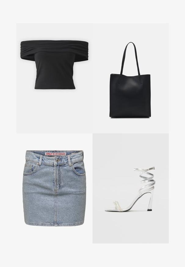 Melna blūze ar noslīpētu plecu daļu, ar savilkta tekstūra ap kaklu, īsām piedurknēm un pielāgotu, īsu dizainu. Izgatavota no elastīga materiāla.; Gaiši zilas džinsa mini svārki ar teksturētu rakstu, piecu kabatu dizainu un standarta jostasvietu ar pogu aizdari.; Sudrabaini augstpapēžu sūna ar spīdīgu siksnu dizainu, kurā ir pērlēm līdzīgs akcents un spirālveida potītes siksna drošai pieguvei.; Melnas ādas somiņa ar gludu tekstūru, taisnstūra formu un divām garām rokturiem. Nav redzamu aparatūras vai rotājumu.