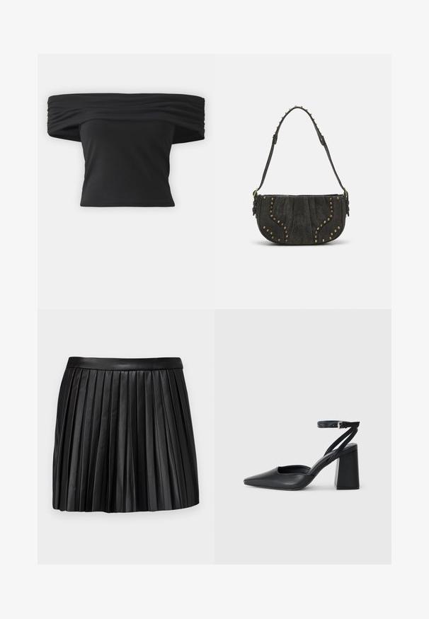 Fekete, vállon túl viselhető felső, a nyakrésznél redőzött textúrával, rövid ruhaujjakkal és fitted cropped fazonnal. Rugalmas anyagból készült.; Fekete bőr, pliszírozott mini szoknya sima derékrésszel, függőleges pliszékkal és letisztult, strukturált kialakítással.; Fekete bőr, hegyes orrú magassarkú cipő boka pánttal és vastag sarokkal. Sima textúra, elegáns dizájn és minimális esztétika.; Fekete velúr táska ívelt kialakítással, szegecses részletekkel és texturált felülettel. Állítható pánt, a széle mentén tűzijáték részletekkel.