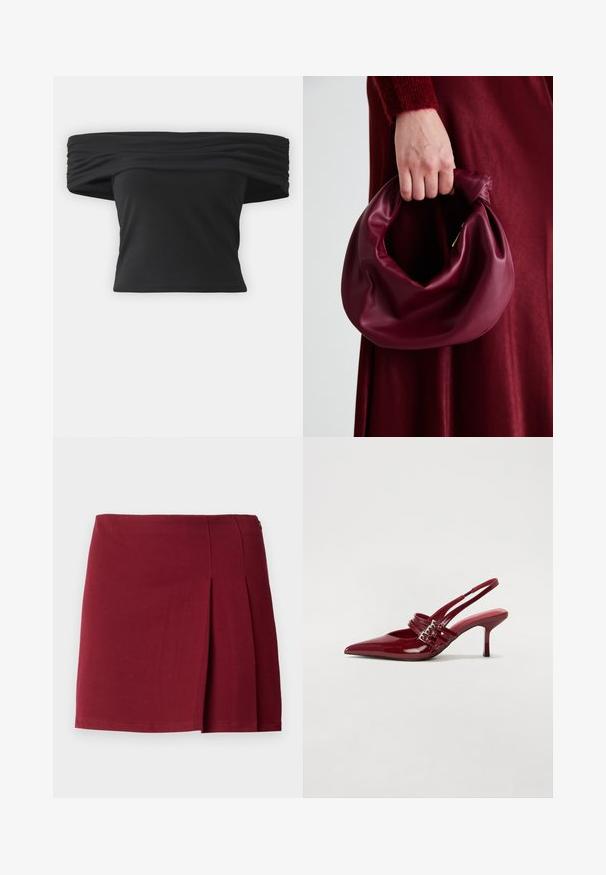 Top preto à altura dos ombros, com textura franzida na gola, mangas curtas e um design ajustado e cropped. Feito de material elástico.; Saia mini pregueada em burguês com uma textura suave, cintura ajustada e fecho lateral com zíper. Design simples e minimalista, sem estampados.; Sapatos de salto slingback em verniz vermelho, com bico fino, duas tiras com fivela e um salto stiletto fino de altura média. Textura suave.; Bolsa de couro bordô com um design suave e franzido, e uma forma arredondada. A alça é fixa, apresentando uma textura suave.