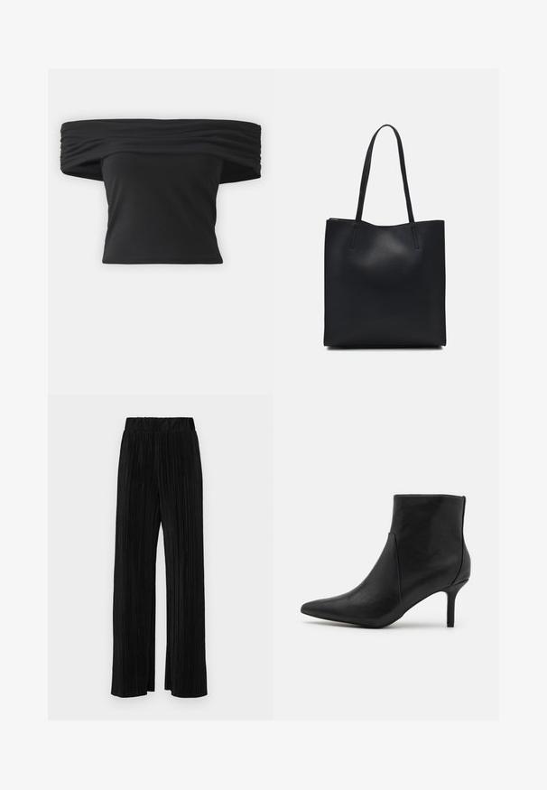 Top negru, cu umerii la vedere, cu textură adunată la gât, mâneci scurte și un design croppat, ajustat. Fabricat din material elastic.; Pantaloni negri plisati cu talie elastică. Prezintă picioare largi și un material neted, texturat, cu dungi verticale.; Anna Field Botine - black; Geantă tote neagră din piele, cu textură netedă, formă rectangulară și două mânere lungi. Fără hardware vizibil sau ornamente.