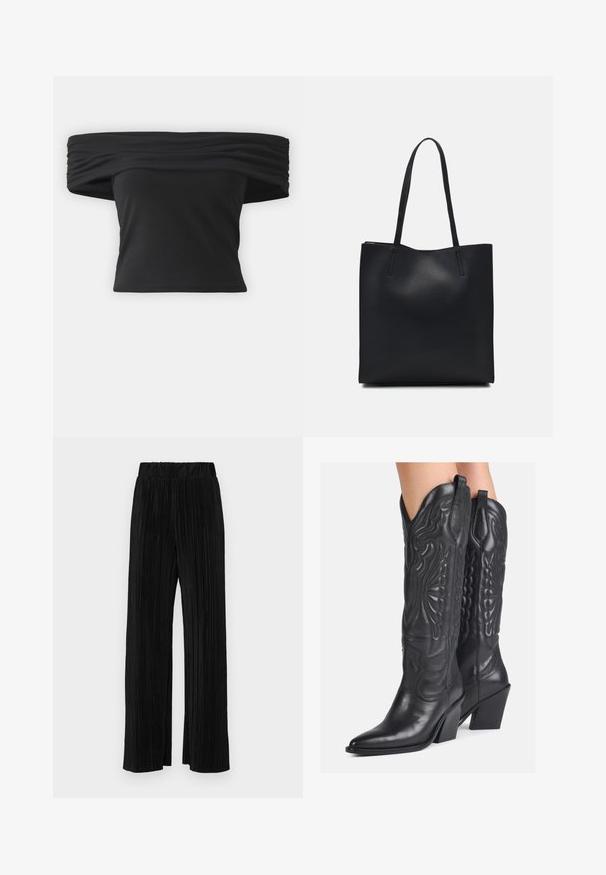 Melna blūze ar noslīpētu plecu daļu, ar savilkta tekstūra ap kaklu, īsām piedurknēm un pielāgotu, īsu dizainu. Izgatavota no elastīga materiāla.; Melni plīšu bikses ar elastīgu jostu. Tām ir platākas kājas un gluda, teksturēta auduma ar vertikālām svītrām.; Melnas ādas kovboju zābaki ar sarežģītiem iebakstītiem rakstiem, norādītiem pirkstiem un masīviem papēžiem. Iekļauj izšūtus akcentus un vilkšanas cilpas.; Melnas ādas somiņa ar gludu tekstūru, taisnstūra formu un divām garām rokturiem. Nav redzamu aparatūras vai rotājumu.