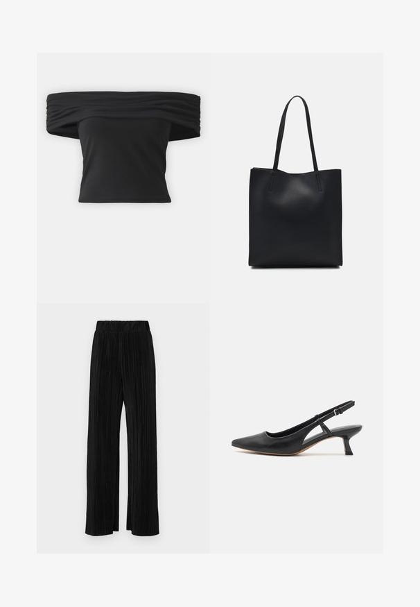 Musta olkaimeton toppi, jossa on rypistetty kangas kaula-aukossa, lyhyet hihat ja tiukka lyhyt malli. Valmistettu venyvästä materiaalista.; Mustat pleatatut housut, joissa on joustava vyötärö. Ominaisuuksiin kuuluvat leveät lahkeet ja sileä, teksturoitu kangas, jossa on pystysuoria raitoja.; Musta nahkainen slingback-kengä, jossa on terävä kärki, matala lohkotumma korko, leikattu sivuyksityiskohta ja säädettävä nilkkaremmi. Keskiharmaa pinta kauttaaltaan.; Mustapahkainen kangaskassi, jossa on sileä pinta, suorakaiteen muotoinen ja kaksi pitkää kahvaa. Ei näkyvää metalliosaa tai koristeita.