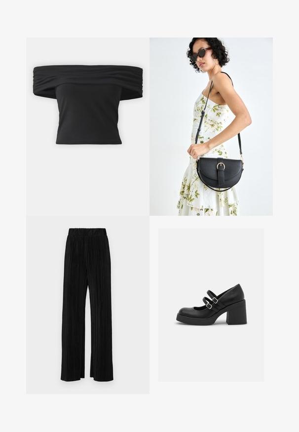 Top preto à altura dos ombros, com textura franzida na gola, mangas curtas e um design ajustado e cropped. Feito de material elástico.; Calças pregueadas pretas com uma cintura elástica. Apresentam pernas largas e um tecido liso, texturizado com riscas verticais.; Call it Spring MONROE - Saltos plataforma - black smooth; Bolsa de couro preta com forma curva, alça destacável e detalhes em dourado. A bolsa possui uma aba com detalhe de fivela.