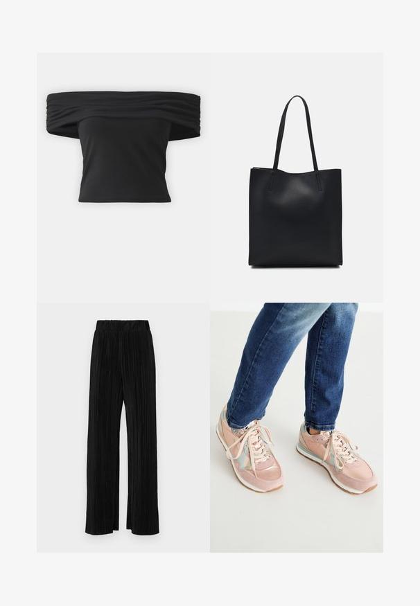 Black off-the-shoulder top with gathered texture at the neckline, short sleeves, and a fitted cropped design. Made from stretchy material.; Black pleated trousers with an elastic waistband. Features wide legs and a smooth, textured fabric with vertical stripes.; Pink sneakers with suede and leather materials, featuring light blue accents, rounded toe, and white rubber soles. Laces are beige.; Black leather tote bag with smooth texture, rectangular shape, and two long handles. No visible hardware or embellishments.