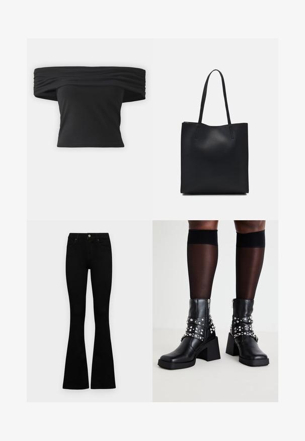 Černý top bez ramínek s nařasenou texturou v oblasti výstřihu, krátkými rukávy a fitted cropped designem. Vyrobeno z elastického materiálu.; Černé vysoké džíny s knoflíkem a zipovým zapínáním, předními kapsami a rozšířenými nohavicemi, ležící na bílé podložce.; Černé ankle boty s robustním podpatkem, zdobené stříbrnými hroty a pásky, vyrobené z kůže s hladkou strukturou a se zapínáním na zip.; Černá kožená taška přes rameno s hladkým povrchem, obdélníkovým tvarem a dvěma dlouhými uchy. Žádné viditelné kování ani ozdoby.