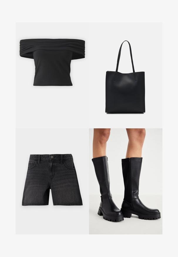 Černý top bez ramínek s nařasenou texturou v oblasti výstřihu, krátkými rukávy a fitted cropped designem. Vyrobeno z elastického materiálu.; Černé denimové kraťasy s klasickým střihem, obsahující pět kapes, zapínání na knoflík a jemné vyblednutí textury látky.; Černé vysoké boty až ke kolenům vyrobené z hladké ekologické kůže s robustní podrážkou, bočním zipem a kulatou špičkou.; Černá kožená taška přes rameno s hladkým povrchem, obdélníkovým tvarem a dvěma dlouhými uchy. Žádné viditelné kování ani ozdoby.