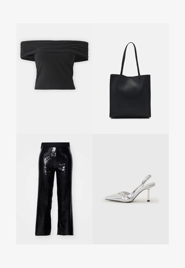 Fekete, vállon túl viselhető felső, a nyakrésznél redőzött textúrával, rövid ruhaujjakkal és fitted cropped fazonnal. Rugalmas anyagból készült.; Fekete flitteres nadrág egyenes szabással, elasztikus derékkal és fényes textúrával, amely visszaveri a világítást. Teljes hosszúságú, zsebek nélkül és sima felületű.; Ezüst slingback magas sarkú cipő hegyes orral, fémszerű felülettel, két dekoratív pánttal és vékony sarkú, fekete végű dizájnnal.; Fekete bőrtáska sima felszínnel, téglalap alakú, két hosszú füllel. Nincs látható fémkiegészítő vagy díszítés.