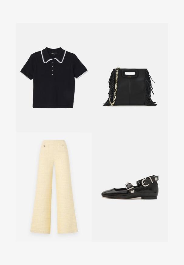 Black knit polo shirt with a white scalloped collar and trim, short sleeves, and six button placket detailing. Textured fabric.; Wide-leg trousers in textured yellow fabric. Features two front pockets and metallic button accents. Clean, minimalist design.; Black patent leather flat shoe with a squared toe, ankle strap featuring silver hardware, and flat sole. Smooth texture with minimalist design.; Black leather handbag with fringe details, gold chain shoulder strap, and a cut-out handle. Features logo placement on the front.