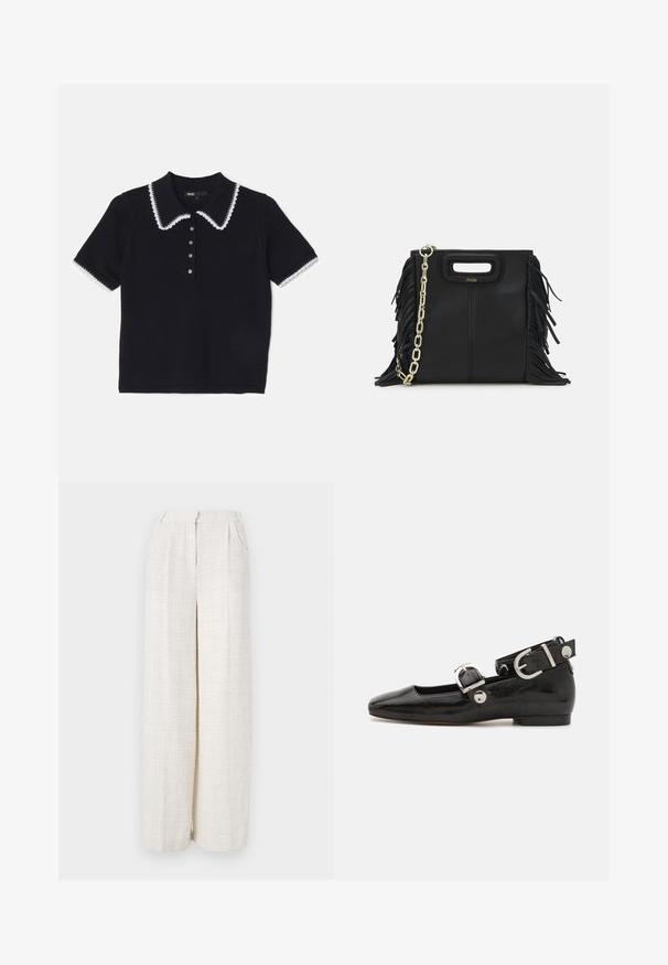 Svart strikket polo skjorte med hvit bølgekant og trim, kort erm, og seks knapper foran. Teksturert stoff.; Vide benbukser i en lys beige stof med et tekstureret, vævet mønster. Har en forreste talje og ingen synlige lukninger.; Sorte lakkderflat sko med firkantet tå, ankelstropp med sølvfarge detaljer, og flat såle. Glatt tekstur med minimalistisk design.; Svart læderhåndtaske med frynsedetaljer, guldkæde skulderrem og udskåret håndtag. Har logo placeret på forsiden.